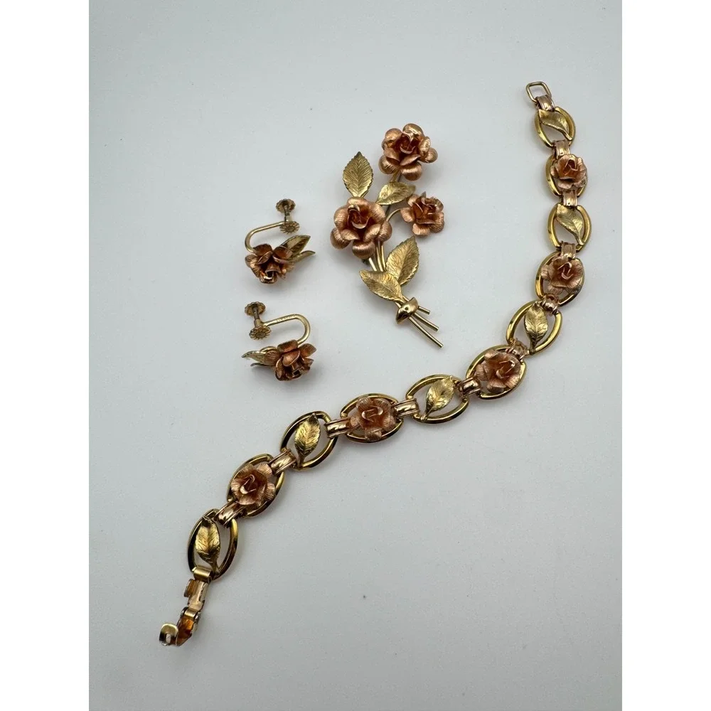 Vintage Krementz Bracelet Brooch Earrings Set Two Tone Rose